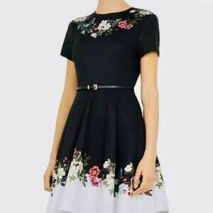 Ted Baker Black Floral Dress with Belt - Size 0, like new!
